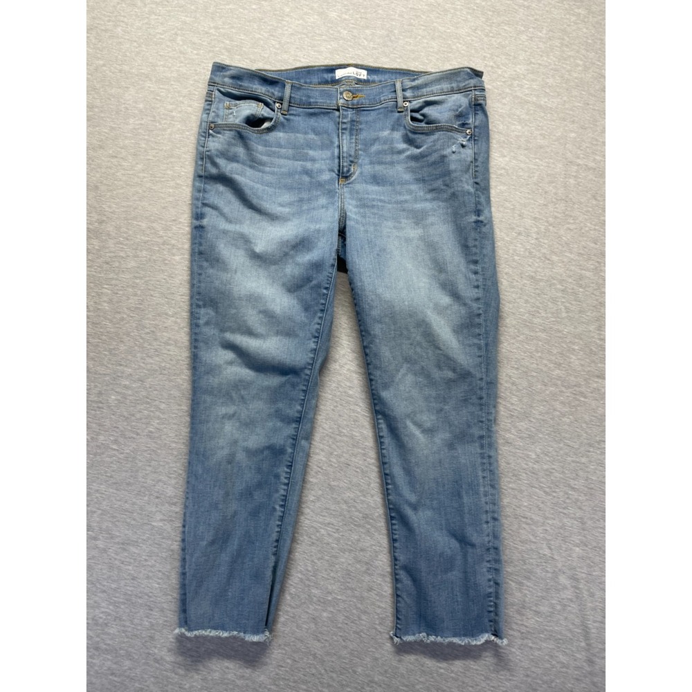 Loft Cropped Modern Skinny Jeans Womens 14 Blue Denim Cotton Mid Rise Frayed Hem
